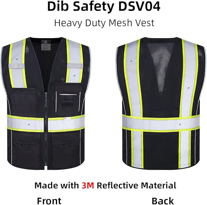 Dib Safety Vest Reflective Black Mesh, High Visibility Vest with Pockets and Zipper, Heavy Duty Vest Made with 3M Reflective Tape L