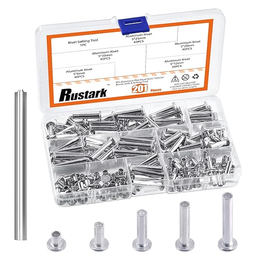 201Pcs 5 Sizes M5 Aluminum Flat Head Semi Tubular Rivets Assortment Kit with Punch, Partial Hole Tubular Rivets Round Flat Head Semi Tubular Rivet Silver Tone for Household Industry Repairing