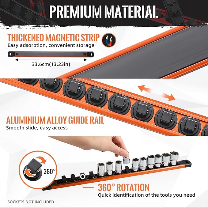 Magnetic Socket Organizer, 1-Piece Heavty Duty Aluminum Socket Holder, Socket Rail for Tool Box, Premium Quality 360° Swivel Socket Rack with 14 Clips for 1/4-Inch(Orange)