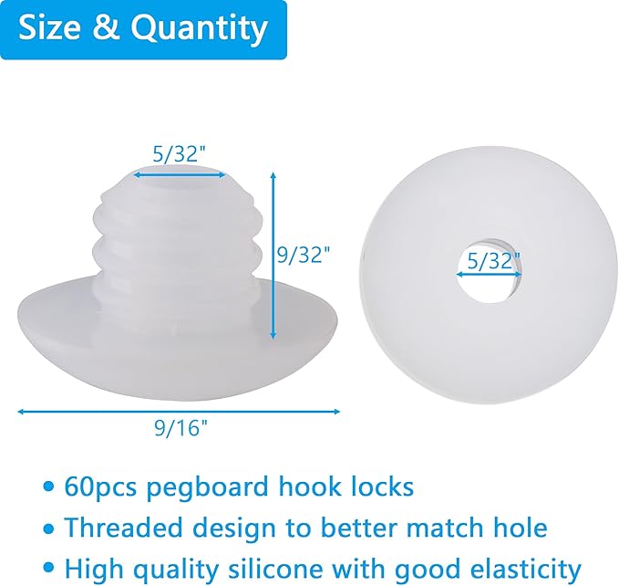 Pegboard Hook Locks, Peg Board Plugs, for Stopping Hooks from Falling Off, 60PCS, Translucent