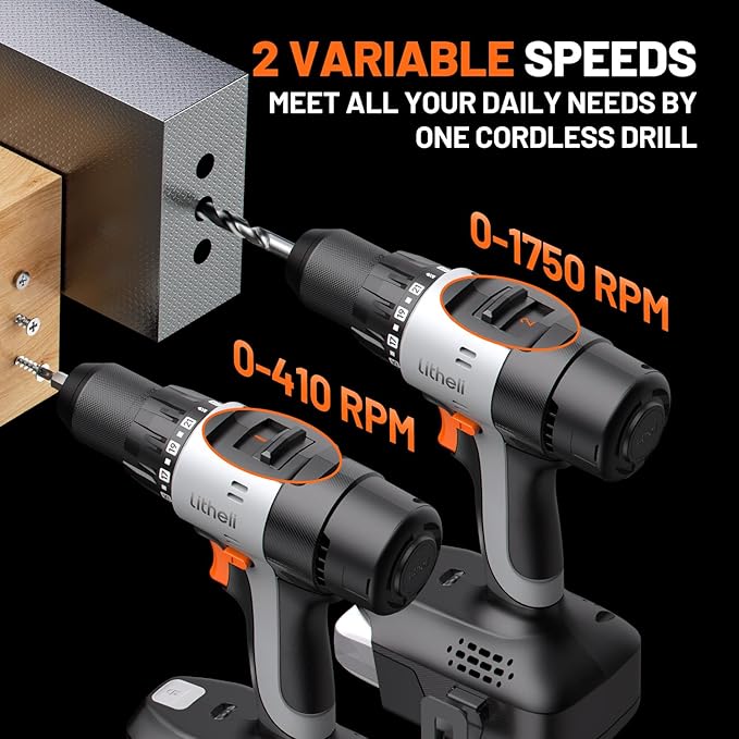 Litheli 20V Cordless Drill Driver, Electric Power Drill with 2 Variable Speed Settings, 1/2 Inch Keyless Chuck, 21+1 Clutch Settings with Maximum Torque of 443 In-lbs (Charger not Included)