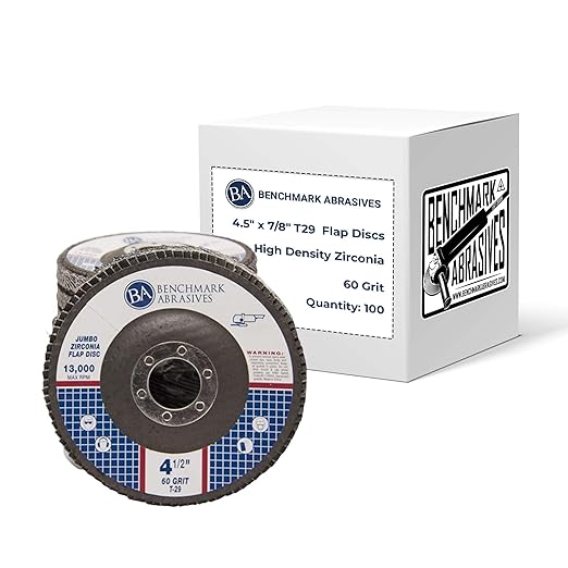 Benchmark Abrasives 4.5" x 7/8" Premium High Density Jumbo Zirconia Type 29 Flap Discs 4 1/2 for Angle Grinder, Sanding Discs, Finishing - Grinding Wheels 4 1/2 Inch (100 Pack) - 60 Grit