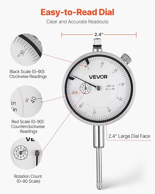 VEVOR Dial Test Indicator with Magnetic Flexible Base Stand, 0.001 inch Accuracy, 0-1 inch Range, Fine Adjustable Long Arm, Professional for Machine Set-Up, Narrow Area Measurement, Easy to Read