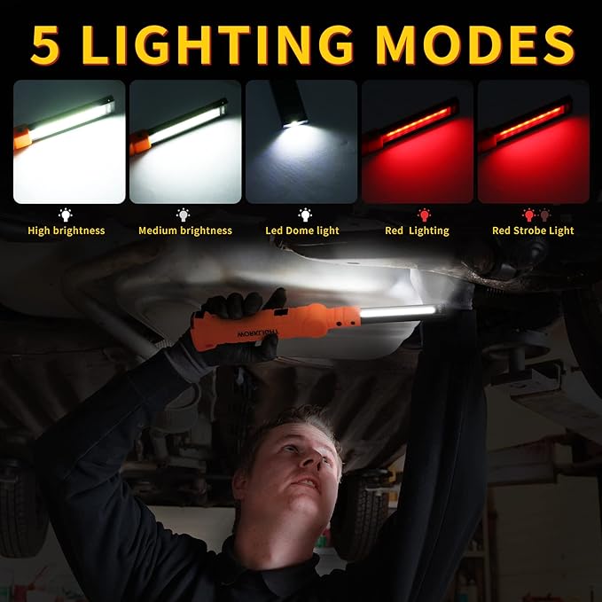 LED Rechargeable Work Lights, Flashlight Hand Tools Mens Dad Birthday Gift Magnetic Worklight,360°Rotate 5 Modes Portable Inspection Torch for Mechanics,Automotive,Camping,Emergency (2 Pack)