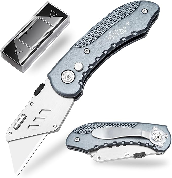 Vickay Folding Utility Knife, Box Cutter with Heavy Duty SK5 Quick Change Blades, Safety Axis Lock Design Razor Knife, Lightweight Aluminum Handle Belt Clip for Office Home Artcraft (Grey)