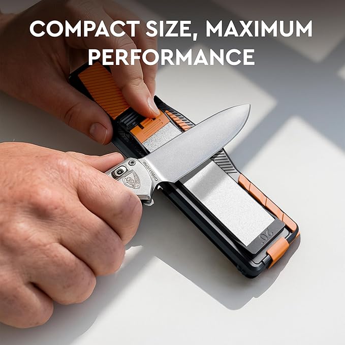 8-in-1 Pocket Field Knife Sharpener – Guided Diamond Whetstones, Diamond Rod, Leather Strop, 2 Sharpening Slots, Fire-Starter Ferro Rod & Whistle – Outdoor, Yard, Camping by Sharp Pebble
