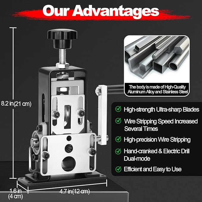 Manual Wire Stripping Machine, Gauge Wire 0.06"-1", Scrapping Copper Wire Peeler Machine, Drill Powered/Hand Crank Dual-drive Wire Stripper Tool for Scrap Copper Recycling & DIY etc.