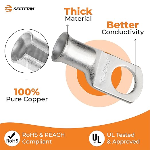SELTERM 2pcs 1 AWG 1/2" Stud Tinned Copper Wire Lugs, Battery Lugs, Ring Terminals, Battery Cable Ends, 1 Gauge Ring Terminal Connectors, UL Marine Grade Electrical Battery Terminal Connectors