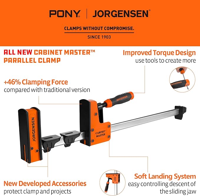 JORGENSEN 24-Inch Parallel Bar Clamp, Heavy-Duty Cabinet Master Clamp for Woodworking Glue-Up, 2200 lbs Force, Quick Release, Spreader Function, 2-Pack