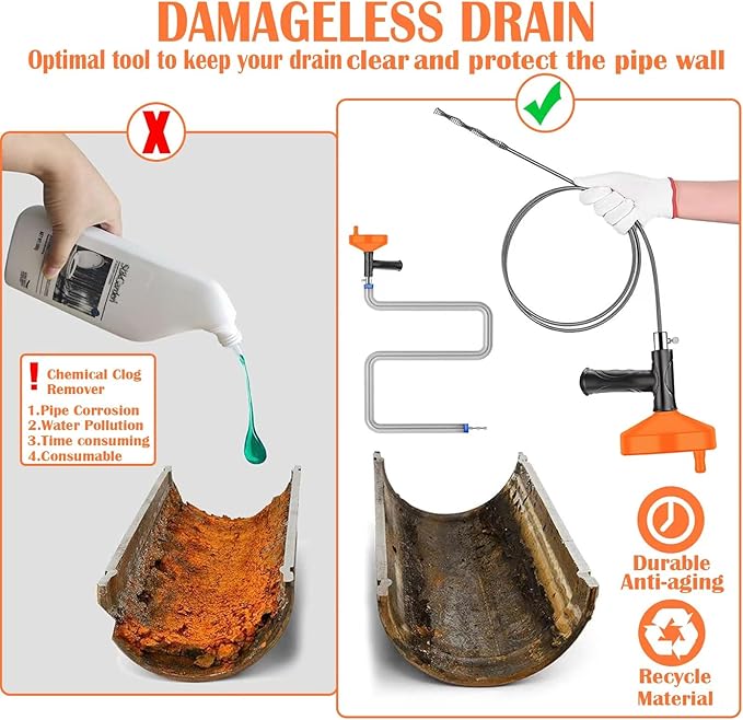 33 Feet Drain Snake Auger, Plumbing Snake Drain Hair Clog Removal Tool, Sink Unclogger Drain, Heavy Duty Toilet Snake Auger, Cleaner Tool for Bathroom Kitchen Tub Shower Drain Clog Remover with Gloves