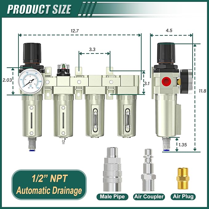 Industrial Grade 4-Stage Air Drying System, 1/2" NPT with Auto Drain, Desiccant Dryer, air Regulator, Particulate Filter and Coalescing Filter for Paint Spray, Plasma Cutter