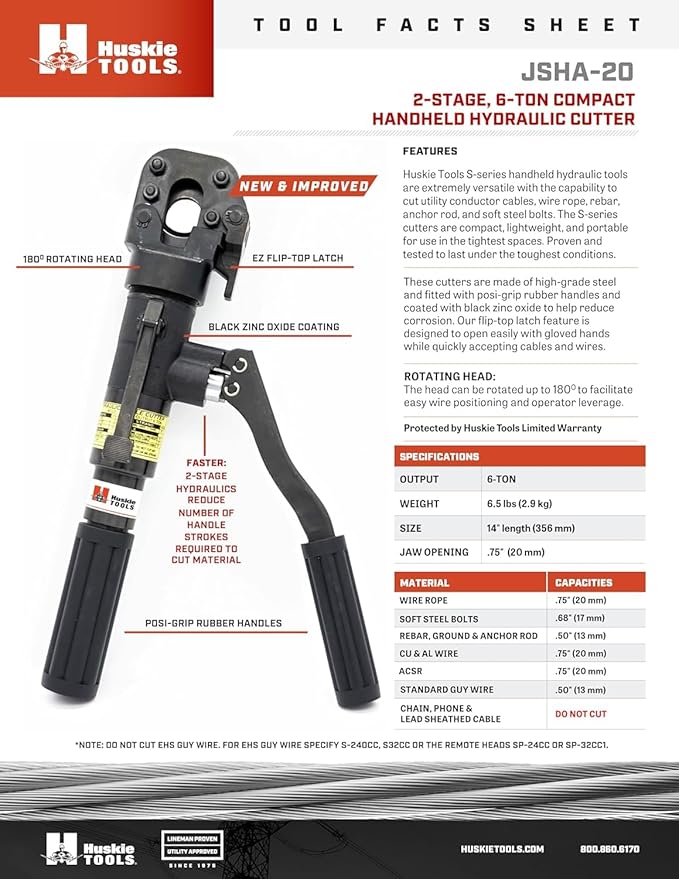 2-Stage 6-Ton Compact Manual Hydraulic Cutter. Cuts Rope, Copper, Aluminum & ACSR Wire up to .75"/20mm and Rebar, Anchor, Rod, Soft Steel Bolts & Guy Wire up to .50"/13mm (JSHA-20)