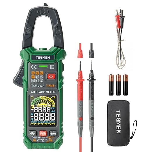 TESMEN TCM-300A Inrush Clamp Meter Multimeter 6000 Counts TRMS, Auto-Ranging Voltmeter Amp Meter with AC Current Capacitance AC/DC Voltage NCV/Live Wire Resistance Diode Temperature Continuity – Green