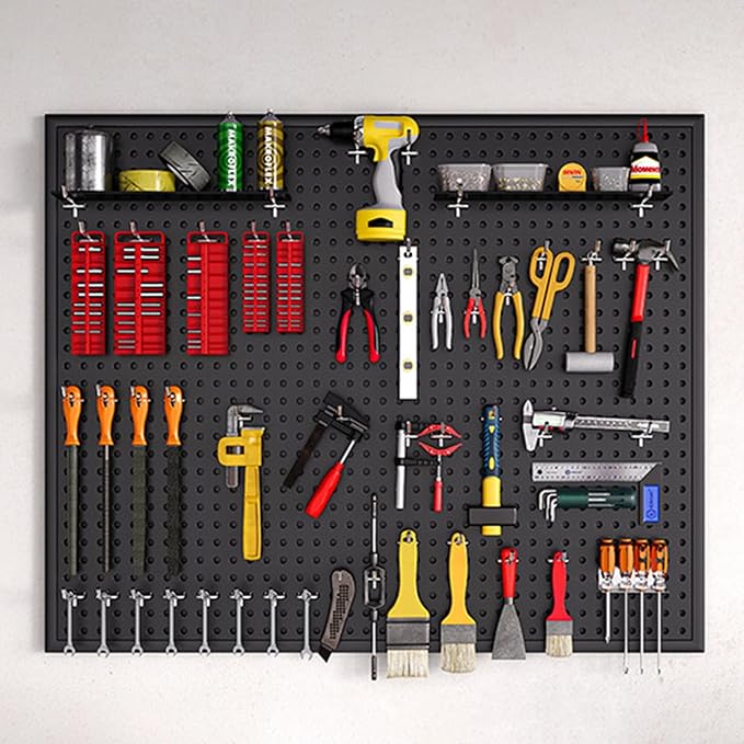 2 PCS Metal Pegboard Wall Storage Shelves 24x12 Inches with 50 PCS Pegboard System for Garage Organization Black Pegboard Hooks for Efficient Tool Storage and Workbench Organization（black）