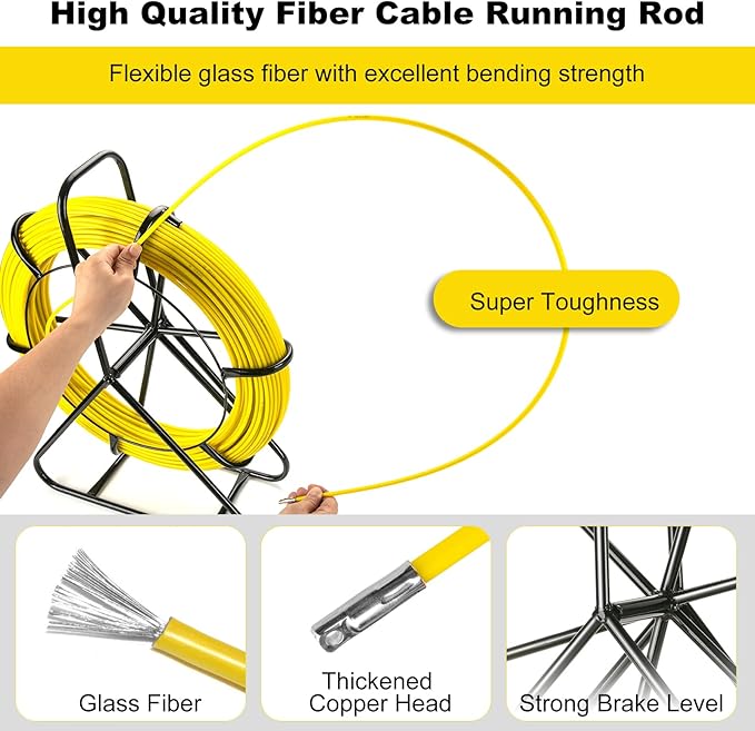 6MM x 656FT (200M) Fiberglass Fish Tape with Steel Reel Stand, Duct Rodder Cable Puller Tool for Electrical Wiring, Conduit, Wall Pipes