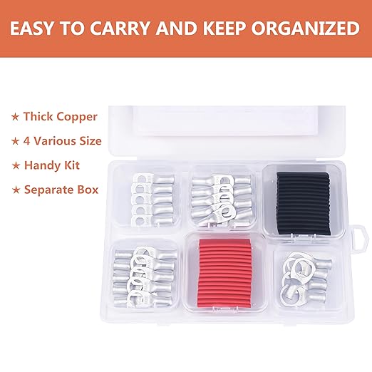 62PCS 8 AWG Tinned Ring Terminal Heat Shrink Tubing Set Copper Wire Lugs 8 Gauge 5/16", 3/8", 1/4", 1/2", 30Pcs Battery Cable Ends and 32PCS Heat Shrink Tubing