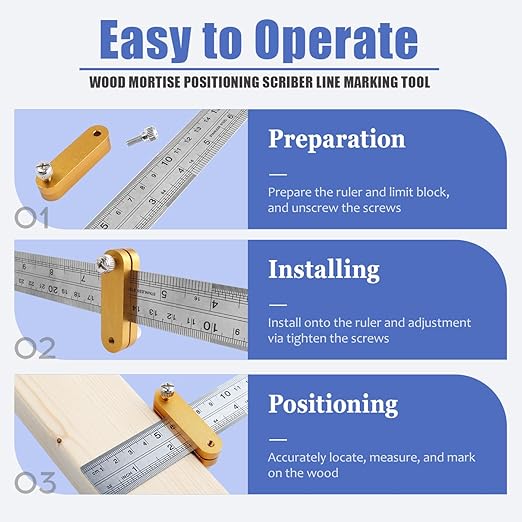 Mesee 4 Pieces Ruler Positioning Blocks Adjustable Thickness Ruler Stop Fence Woodworking Aluminum Alloy Rulers Limit Block Scribing Tool Rulers Locator Wood Mortise Scriber Line Marking Gauge