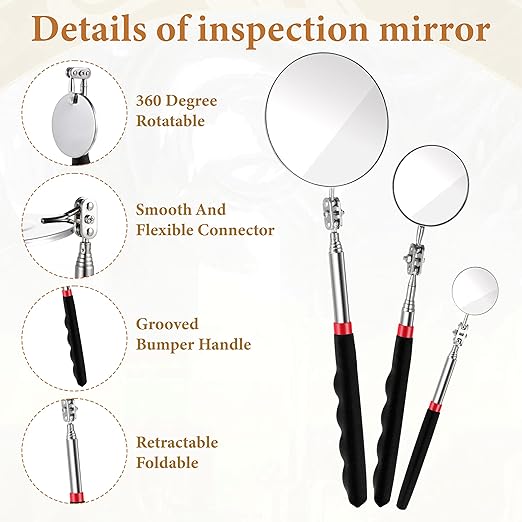 6Pcs Telescoping Mirror, Stainless Steel Extendable Inspection Mirror Telescoping, Telescoping Inspection Mirrors with Long Handle Tool for Technicians, Mechanics, Contractors (Black, Round)