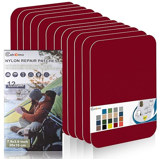 7.9x3.9 inch 12 PCS Nylon Repair Patch Nylon Repair Tape Self Adhesive Fabric Tapes Outdoor Camping Gear Fabric kit for Tent, Umbrella, Down Jackets, Sleeping Bag, Knapsack（Red）