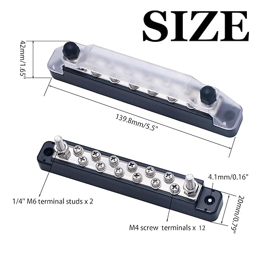 Bus Bar Terminal Block 12V Power Distribution Block with 2 x 1/4" Posts and 12 x #8 Screws Terminals Marine Bus Bar with Ring Terminals Cover for Automotive Car Boat RV Truck (Red, Black)