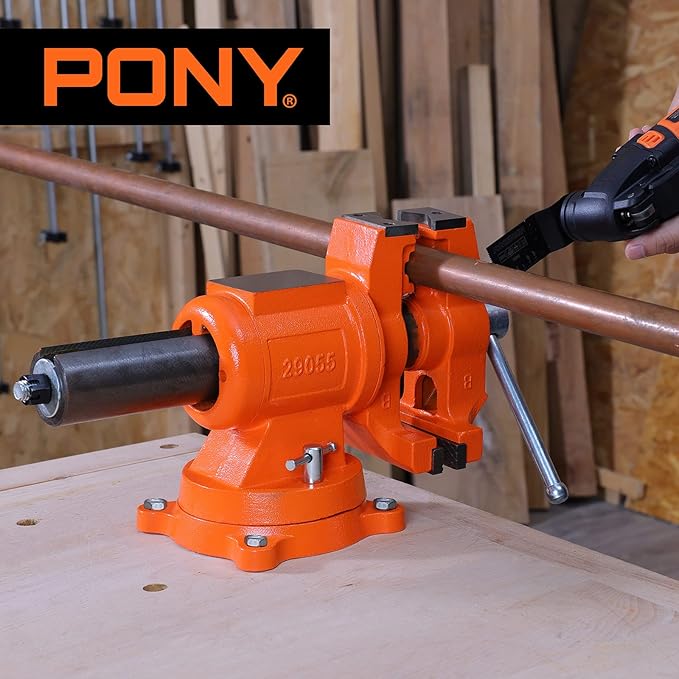 PONY Heavy Duty Bench Vise, 5-inch Jaw Width and Opening, 360-Degree Swivel Base With Anvil, Utility Combination Pipe Home Vise for Woodworking, One-Pair Vise Jaw Pad Included