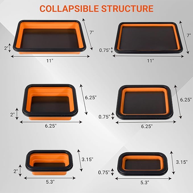 Collapsible Magnetic Parts Tray Set, Magnetic Tray for Mechanic's, 3 Different Size Tool Trays for Small Metal Parts, Cool Mechanic Tools, Cool Gifts for Mechanic (Yellow)