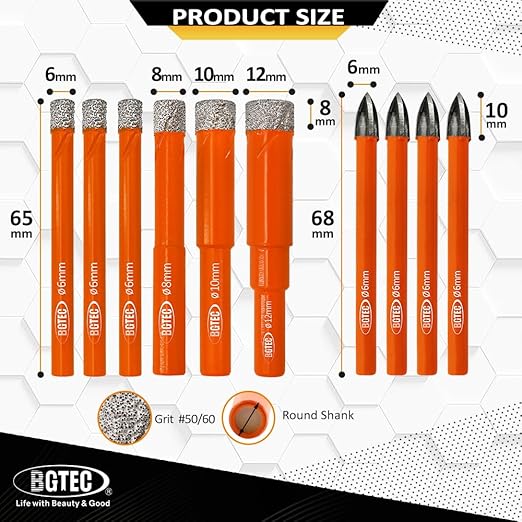 BGTEC Dry Diamond Drill Bits Set - 6/6/6/8/10/12mm Tile Drill Bits and 4pcs 1/4" 6mm Carbide Drill for Granite Marble Porcelain Ceramic
