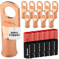 SELTERM 10pcs - 1 Awg - 3/8" Stud - Battery Lugs - Ring Terminal Connectors | with 12pcs 3:1 Black & Red Heat Shrink Tubing with Adhesive | Heavy Duty Battery Cable Ends - Bare Copper Wire Lugs Kit