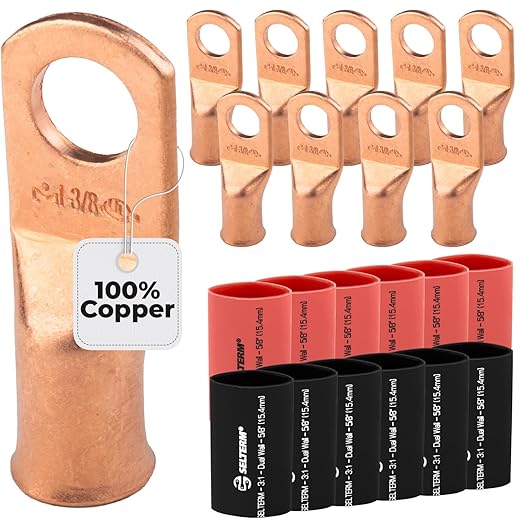 SELTERM 10pcs - 1 Awg - 3/8" Stud - Battery Lugs - Ring Terminal Connectors | with 12pcs 3:1 Black & Red Heat Shrink Tubing with Adhesive | Heavy Duty Battery Cable Ends - Bare Copper Wire Lugs Kit