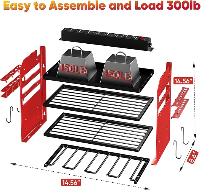 Power Tool Organizer Wall Mount with Charging Station,Tool Storage Rack with 8 Outlet Power Strip,Heavy Duty Metal Battery Utility Rack with 4 Cordless Drill Holder 6.56 Ft Cord for Garage