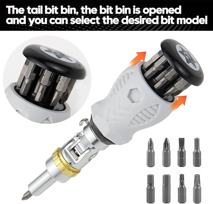Ratcheting Screwdriver, Multi-Bit Screwdriver/Short Screw Drivers with Magnetic,Impact Rated 8pcs Tool with Phillips, Slotted and Torx,Hex Tips