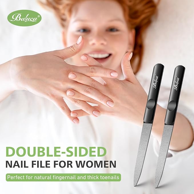 BALUCA Stainless Steel Diamond Nail File for Natural Acrylic Nails, Double Sided Metal Fingernail Toenail File for Women, Durable and Efficient Nail Care Tool - Black