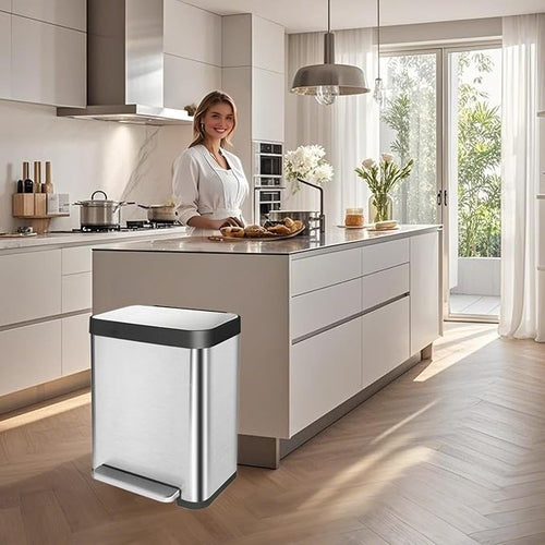 10 Gallon Stainless Steel Trash Can with Removable Inner Bucket, Soft Close Lid, and Hands-Free Foot Pedal - Modern Kitchen Waste Bin