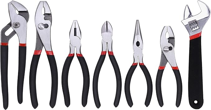FASTPRO 7-Piece Utility Pliers and Wrench Set, Includes 8" Adjustable Wrench, 8" Groove Joint, 8" & 6" Slip Joint, 6" Long Nose, 6" Diagonal and 6" Linesman Pliers, Dipped Handle