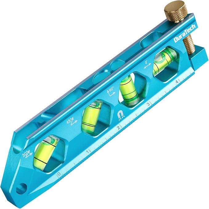 DURATECH 6.25-Inch Level, Magnetic Torpedo Level with 0°/30°/45°/90° Bubbles, V-Groove, Large Viewing Window, Aluminum Alloy Body, Hanging Hole, SAE and Metric Scale for DIY Projects and Household Use