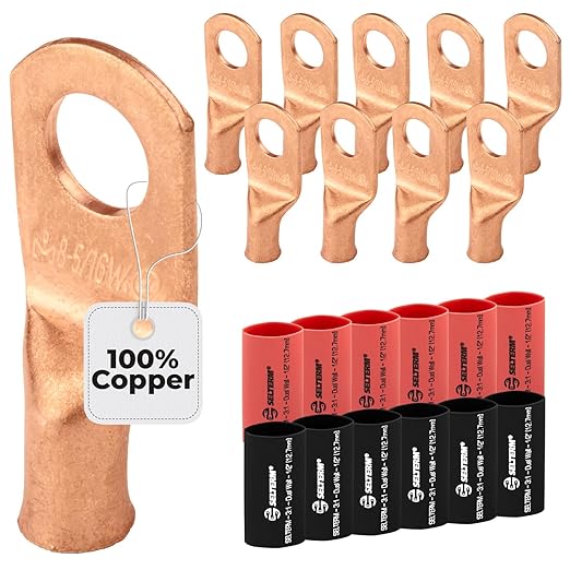 SELTERM 10pcs - 8 Awg 5/16" Stud (Wide) - Battery Lugs - Ring Terminal Connectors with 12pcs 3:1 Black & Red Heat Shrink Tubing with Adhesive, Heavy Duty Battery Cable Ends - Bare Copper Wire Lugs Kit