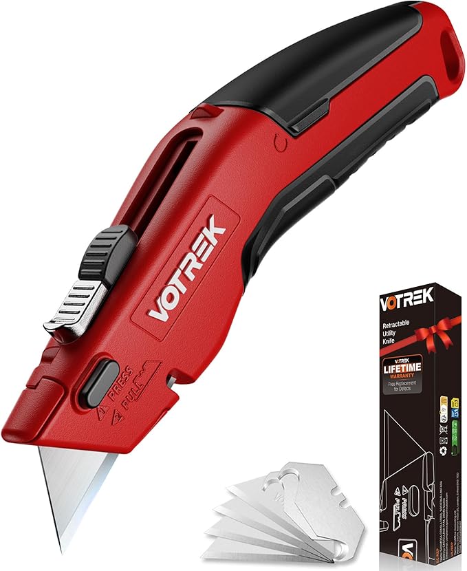 Box Cutter Utility Knife, [2-in-1] Retractable Box Cutter, Heavy Duty Safety Sharp Razor Knife for Home & Warehouse Cardboard, Carpet, [Blade Storage], with Extra Razor & Hook Blades (Red)