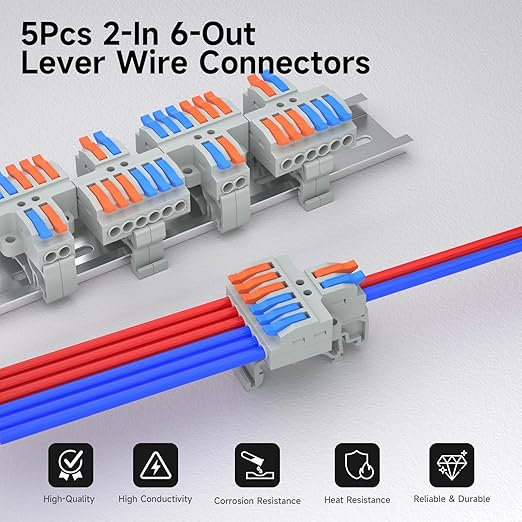 5Pcs Lever Wire Connectors, 2 in 6 Out, Push-in, 4-2.5 mm² Quick Wiring DIN Terminal Blocks, 40Pcs Wire Ferrules Terminals & 6.89 Inch DIN Rail Included