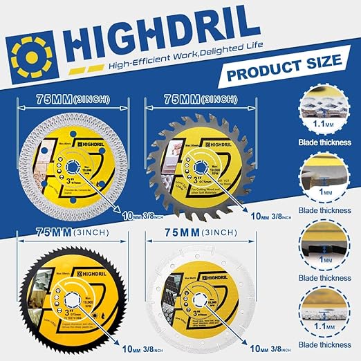 HIGHDRIL 3" 75mm Circular Saw Blade Set 4pcs - Diamond/HSS/TCT Cutting Disc for Angle Grinder Cutting Metal Copper Aluminum Tile Marble Granite Plastic Wood