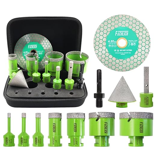 Tile Hole Saw Kit Diamond - FACHLICH 11pcs 2-1/2" Diamond Core Drill Bits Set and 4.5" Diamond Cutting Grinding Blade for Porcelain Ceramic Tile Marble Granite etc