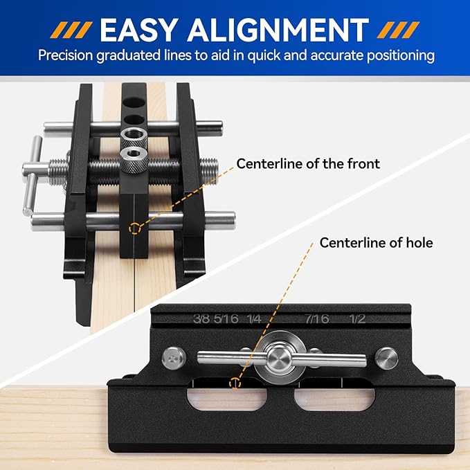 Self Centering Doweling Jig Kit,Adjustable Width Dowel Jig for Straight Holes,Adjustable Drilling Guide Wood Working Tools with 6 Drill Guide Bushings, Wood Doweling Jig for Woodworking（Black)