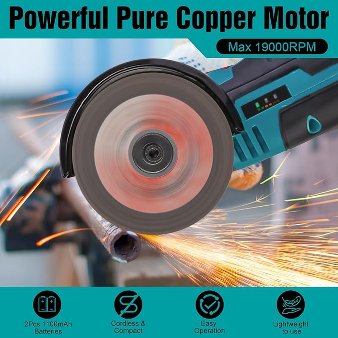 Cordless Angle Grinder Set, 12V 3inch Mini Electric Angle Grinding Tool with 2Pcs 1100mAh Batteries and 7-Cutting Discs, 19000RPM Electric Grinding Tool Handheld Cutter for Metal Wood