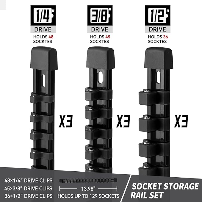 Socket Organizer Drive ABS Tools - Black Socket Holder, Premium Quality 9 Pieces Socket Holders Kit 1/4-Inch x 48 Clips, 3/8-Inch x 45 Clips, 1/2-Inch x 36 Clips（9PC,Black)