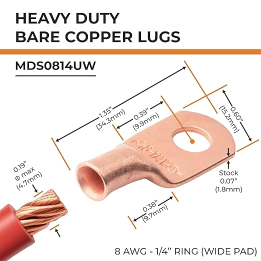 SELTERM 10pcs 8 AWG - 1/4" Stud (Wide Pad) - Battery Lugs, Heavy Duty Wire Lugs, Ring Terminals, Battery Cable Ends,8 Gauge Terminals, UL Bare Copper Eyelets Electrical Battery Terminal Connectors