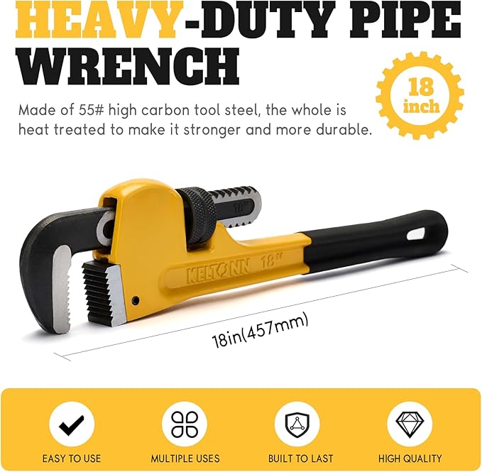 18 Inch Heavy Duty Pipe Wrench, Forged Steel Adjustable Plumbing Tool with Non-Slip Serrated Jaw, Built for Larger Pipes & Maintenance Tasks