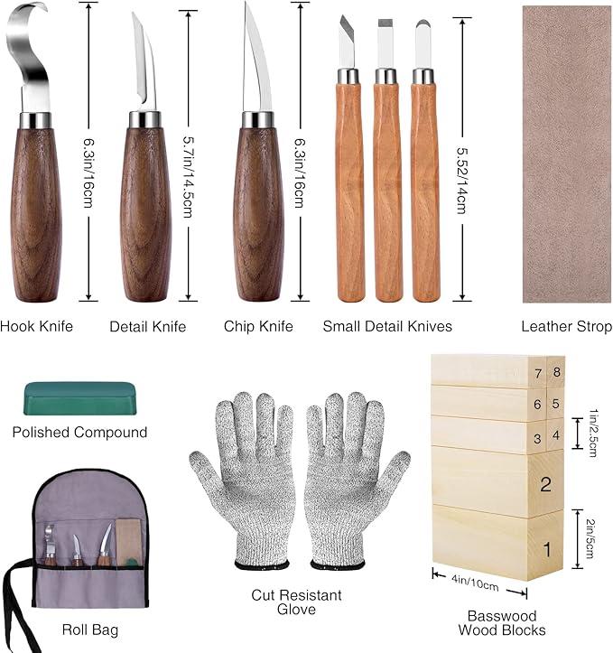 YHLAWM Wood Whittling Kit for Beginners, 18 Pcs Wood Carving Kit with 6 Pcs Carving Knives & 8 Pcs Basswood Blocks, Starters Carving Set, Gift Set for Kids and Adults