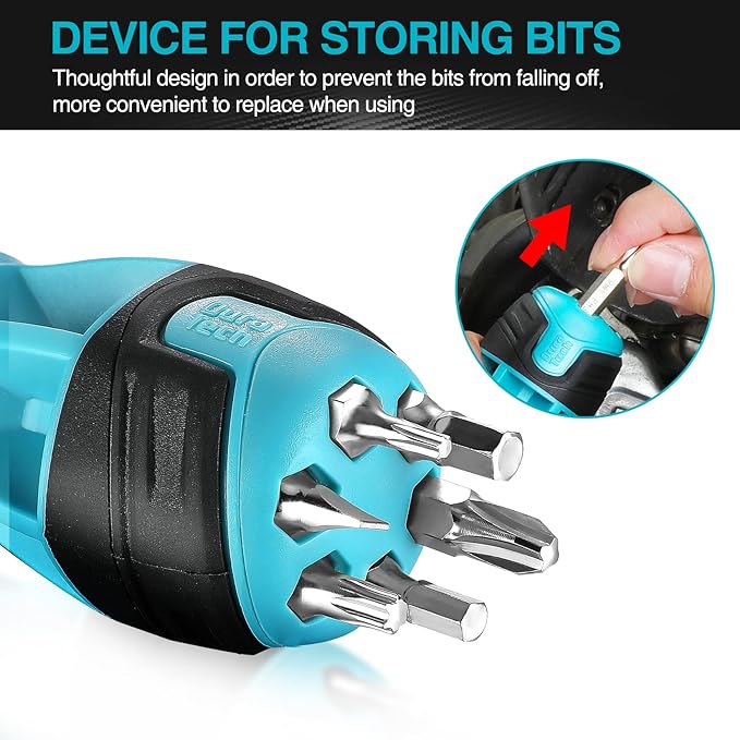 DURATECH Stubby Ratcheting Screwdriver, 12-in-1 Multibit Short Screw Drivers, Premium S2 Steel, Innovated Bits Quick-Load Mechanism, with Phillips, Slotted, Torx, Square Bits Stored in Handle