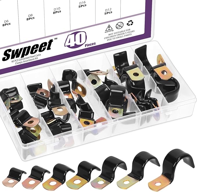 Swpeet 40Pcs 7 Size 6mm-25mm 1/4" Galvanized Hole Vinyl Coated One Hole Unilateral Cable Clamps Assortment Kit, Rubber Cushioned Insulated Clips, Metal Wire Clamps for Pipe Cables Wires
