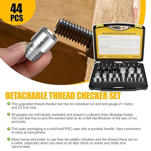 Nut and Bolt Thread Gauge - 44 PCS Nut and Bolt Checkers Individually Housed in Case (21 Metric & 23 Inch) Specially Suitable for Size Check on Tricky and Narrow Area