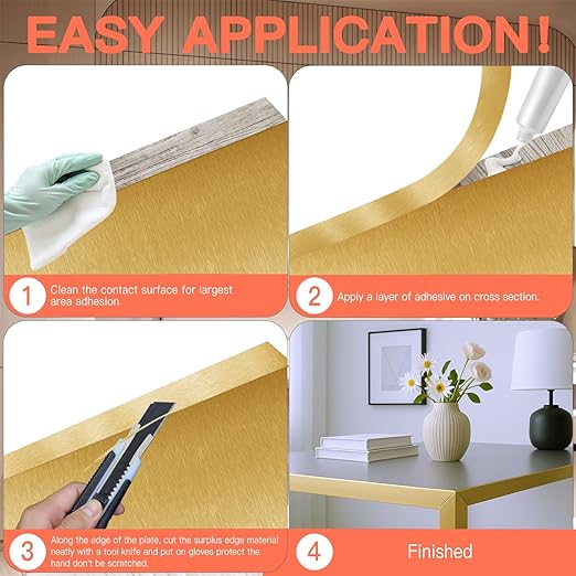 GSCIT Club Gold Edge Banding, 1 1/2 Inch x 100ft Aluminum Brushed Edge Banding PVC Edge Trim for Cabinet Repair Furniture